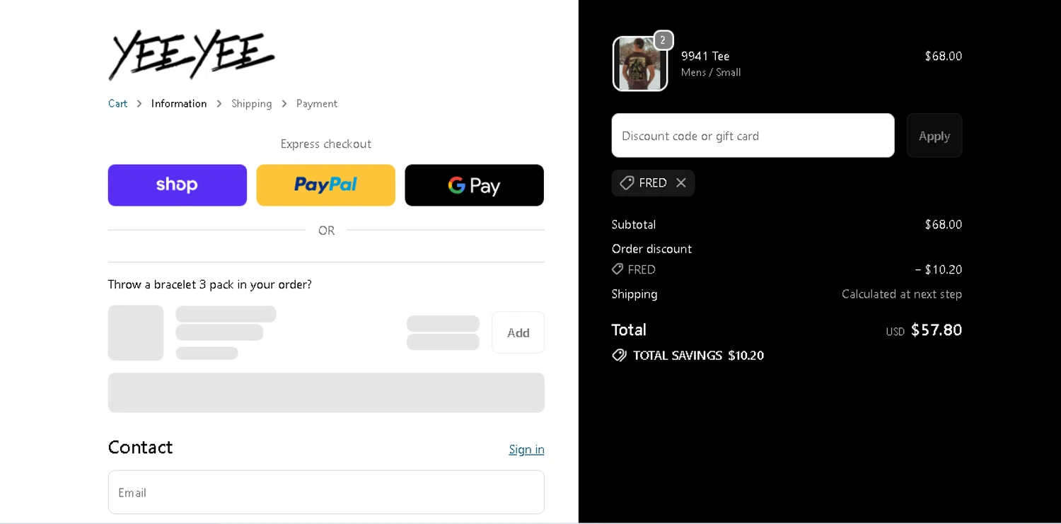 Yee Yee Apparel discount code screenshot showing code FRED applied at Yee Yee Apparel checkout page. Uploaded by SimplyCodes community member shark12 on Nov 8, 2025