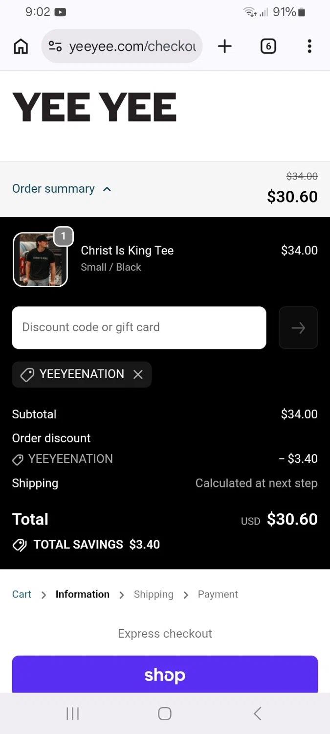 Yee Yee Apparel promo code screenshot showing code YEEYEENATION applied at Yee Yee Apparel checkout page. Uploaded by SimplyCodes community member ScanMaverick9378 on May 26, 2026