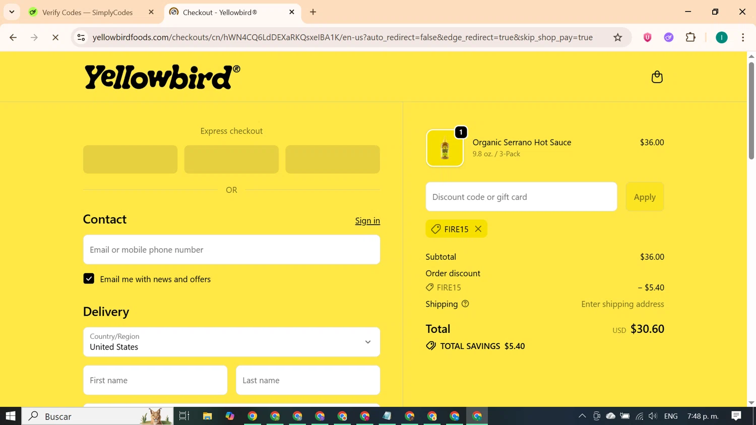 Yellowbird promo code screenshot showing code FIRE15 applied at Yellowbird checkout page. Uploaded by SimplyCodes community member ExtraordinaryKnight690 on Oct 16, 2025