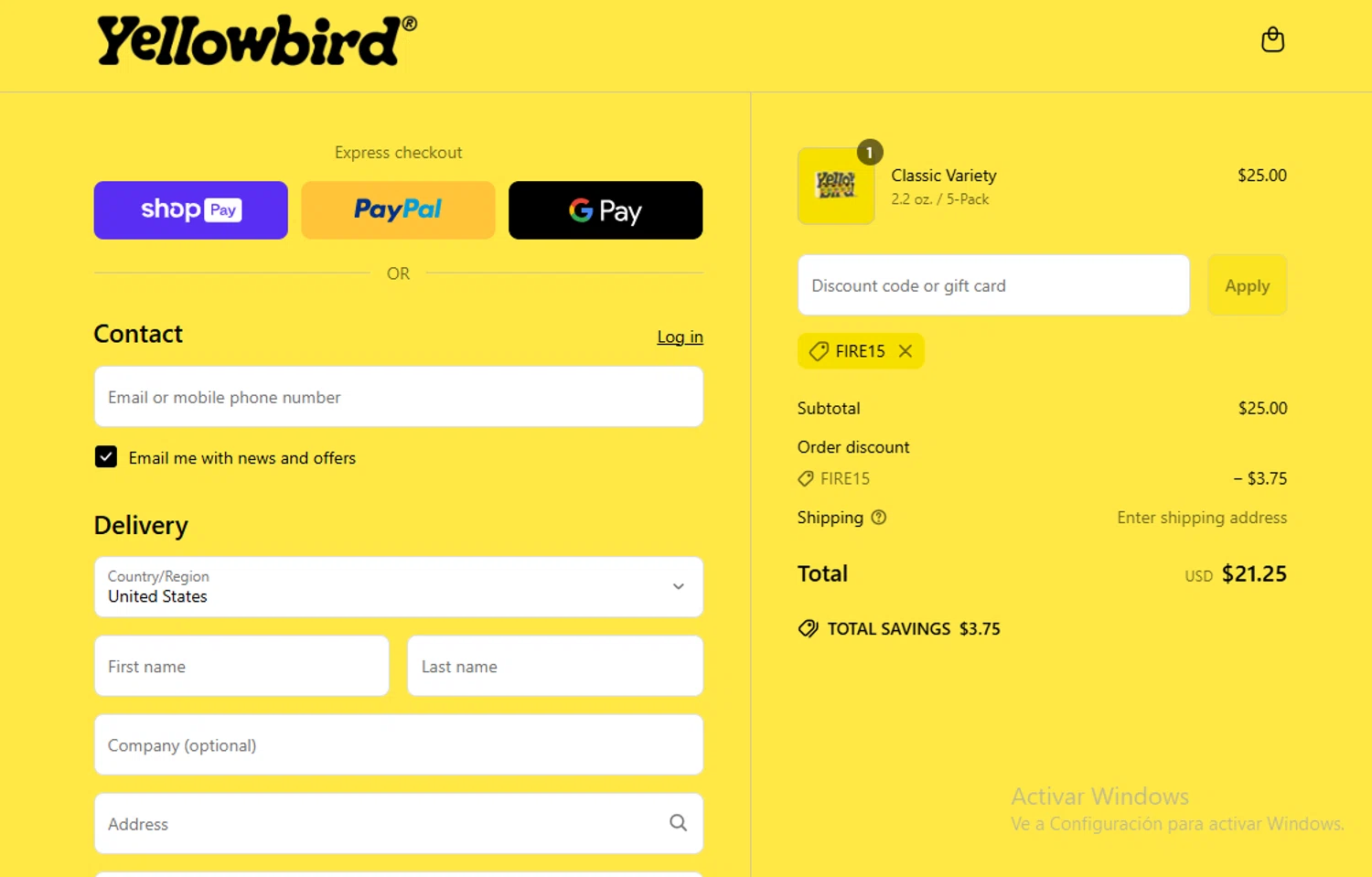 Yellowbird promo code screenshot showing code FIRE15 applied at Yellowbird checkout page. Uploaded by SimplyCodes community member Gary_23 on Jun 24, 2025