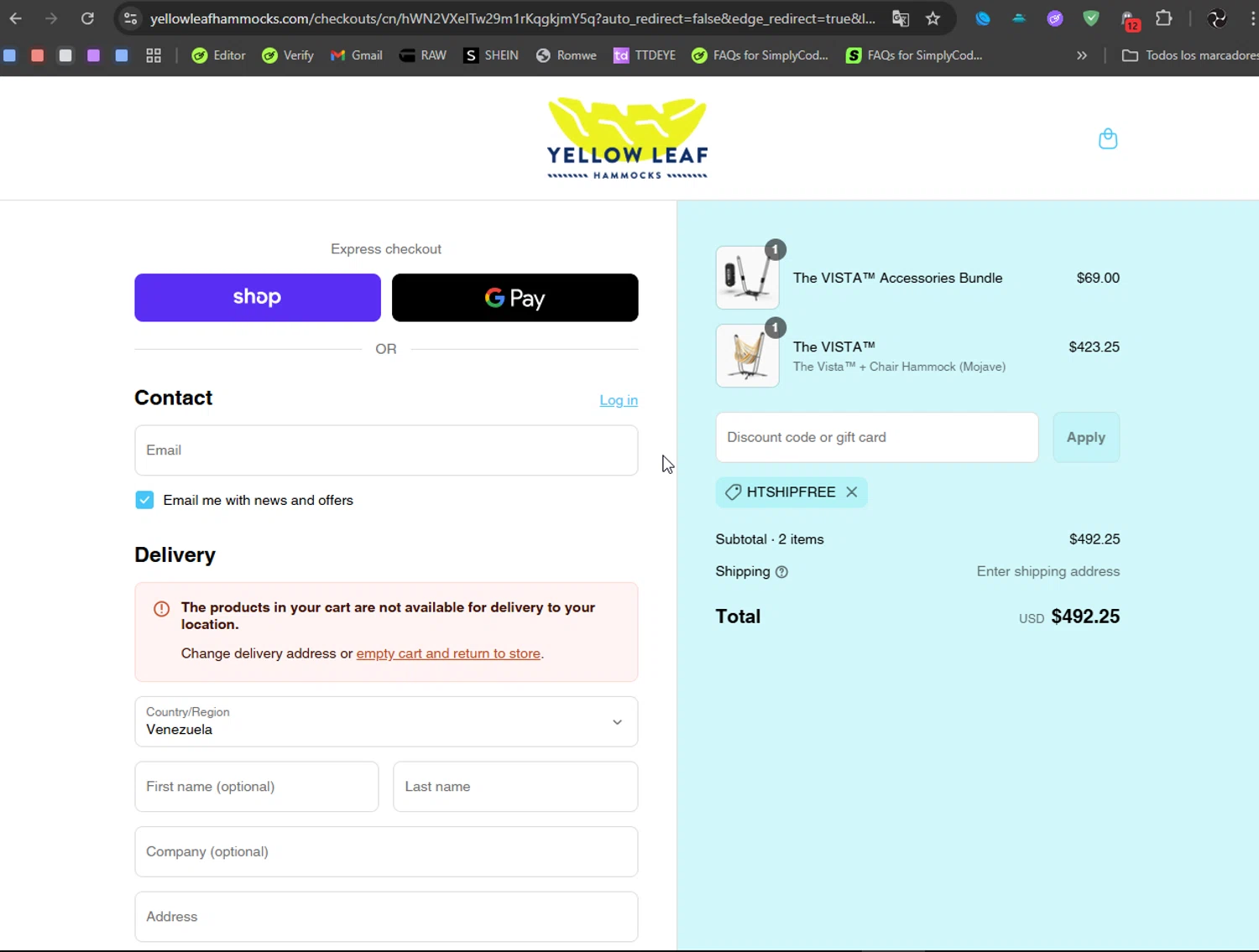 Yellow Leaf Hammocks checkout page showing Yellow Leaf Hammocks discount code box | Screenshot taken by SimplyCodes community member on Sep 2, 2025