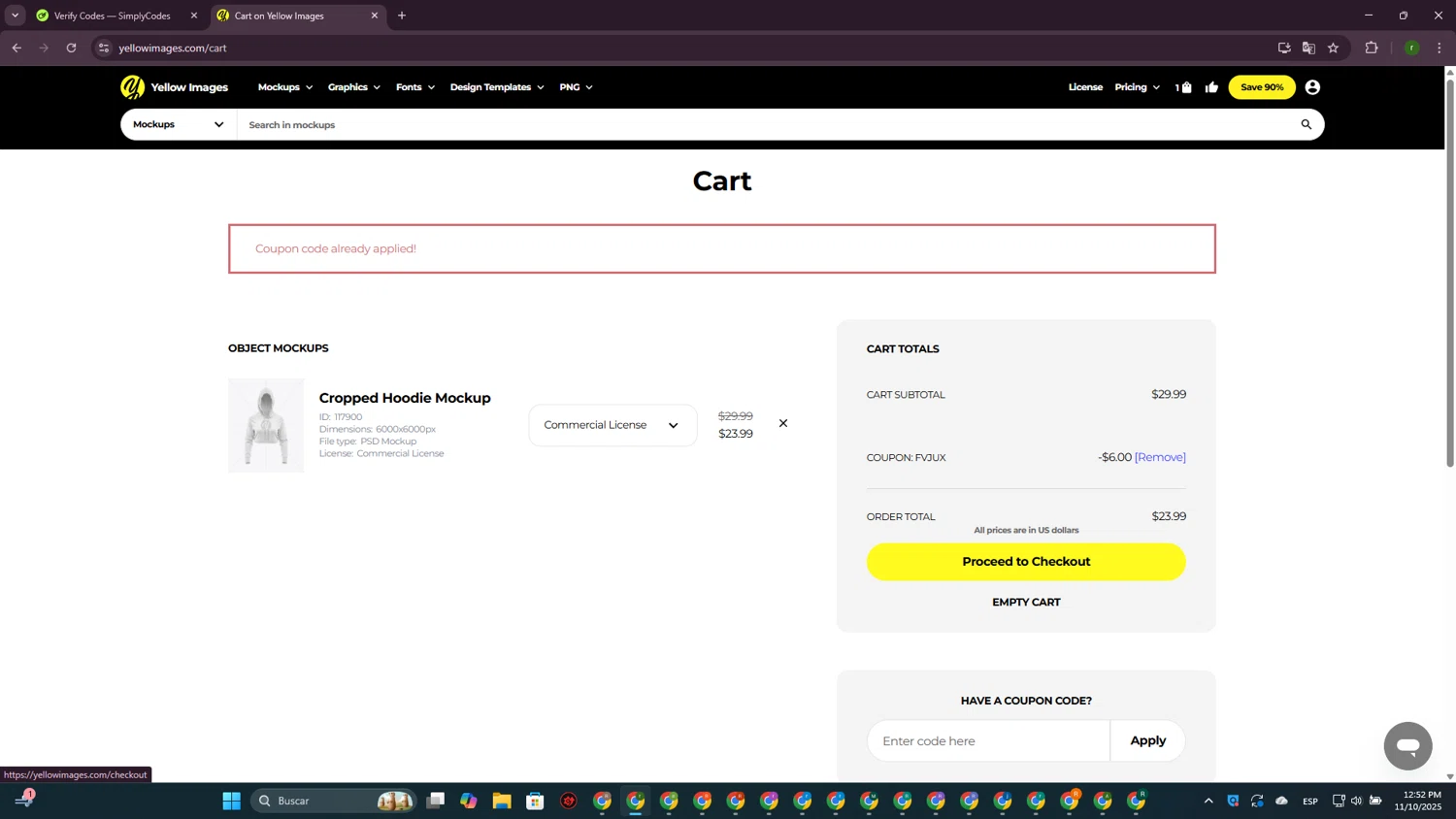 Yellow Images coupon code screenshot showing code FVJUX applied at Yellow Images checkout page. Uploaded by SimplyCodes community member GoldScout9735 on Nov 10, 2025
