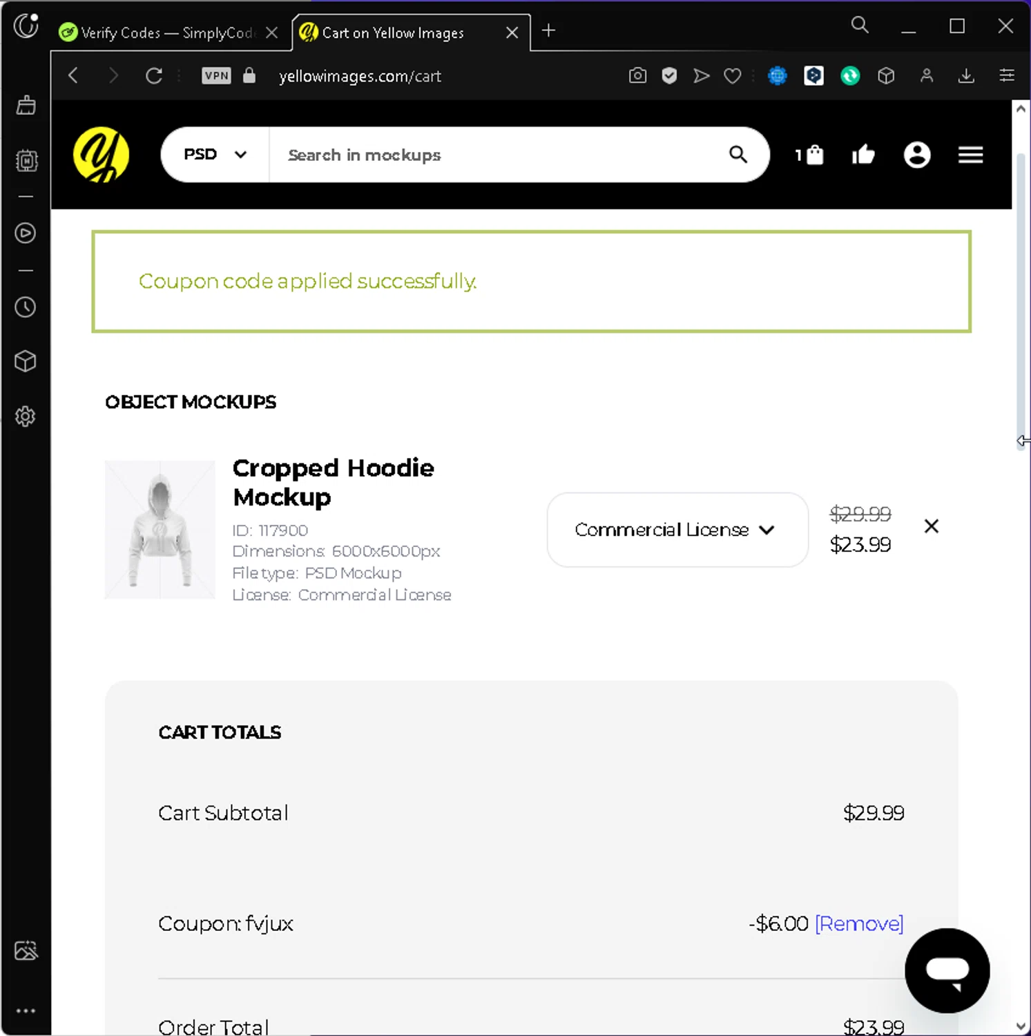 Yellow Images coupon code screenshot showing code FVJUX applied at Yellow Images checkout page. Uploaded by SimplyCodes community member carlosromero on Jan 2, 2025