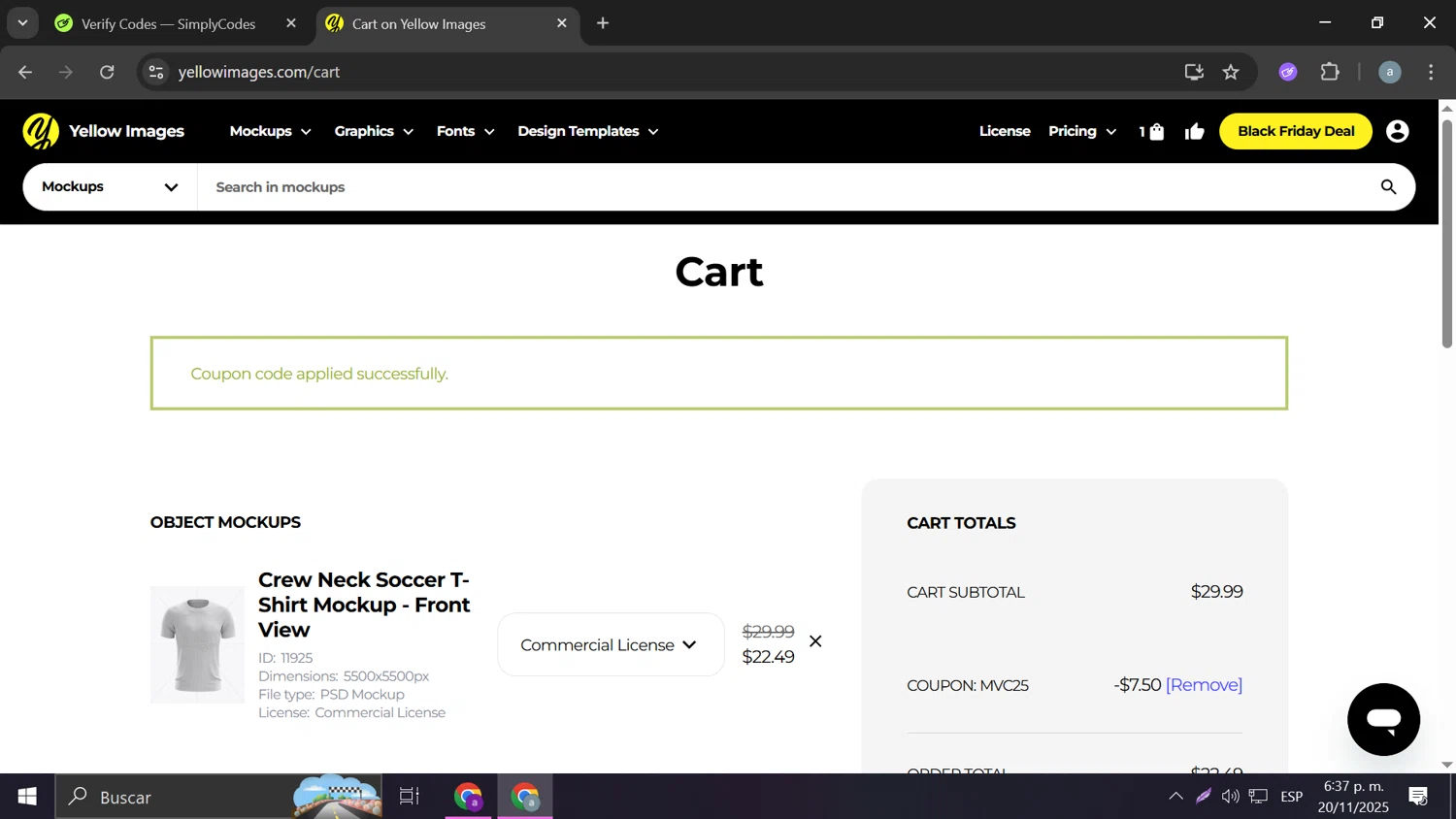 Yellow Images coupon code screenshot showing code MVC25 applied at Yellow Images checkout page. Uploaded by SimplyCodes community member Frizk_1 on Nov 20, 2025