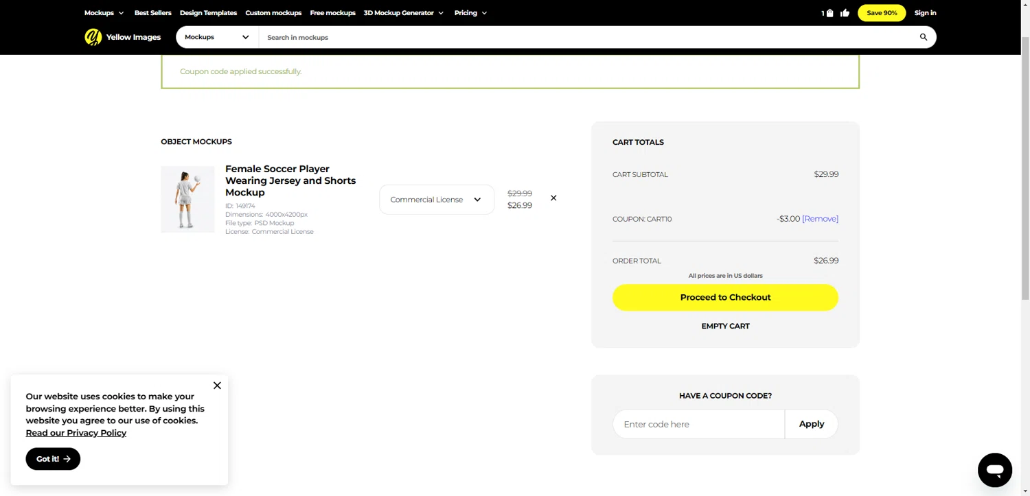 Yellow Images coupon code screenshot showing code CART10 applied at Yellow Images checkout page. Uploaded by SimplyCodes community member PromoAdmiral6652 on Jun 18, 2025