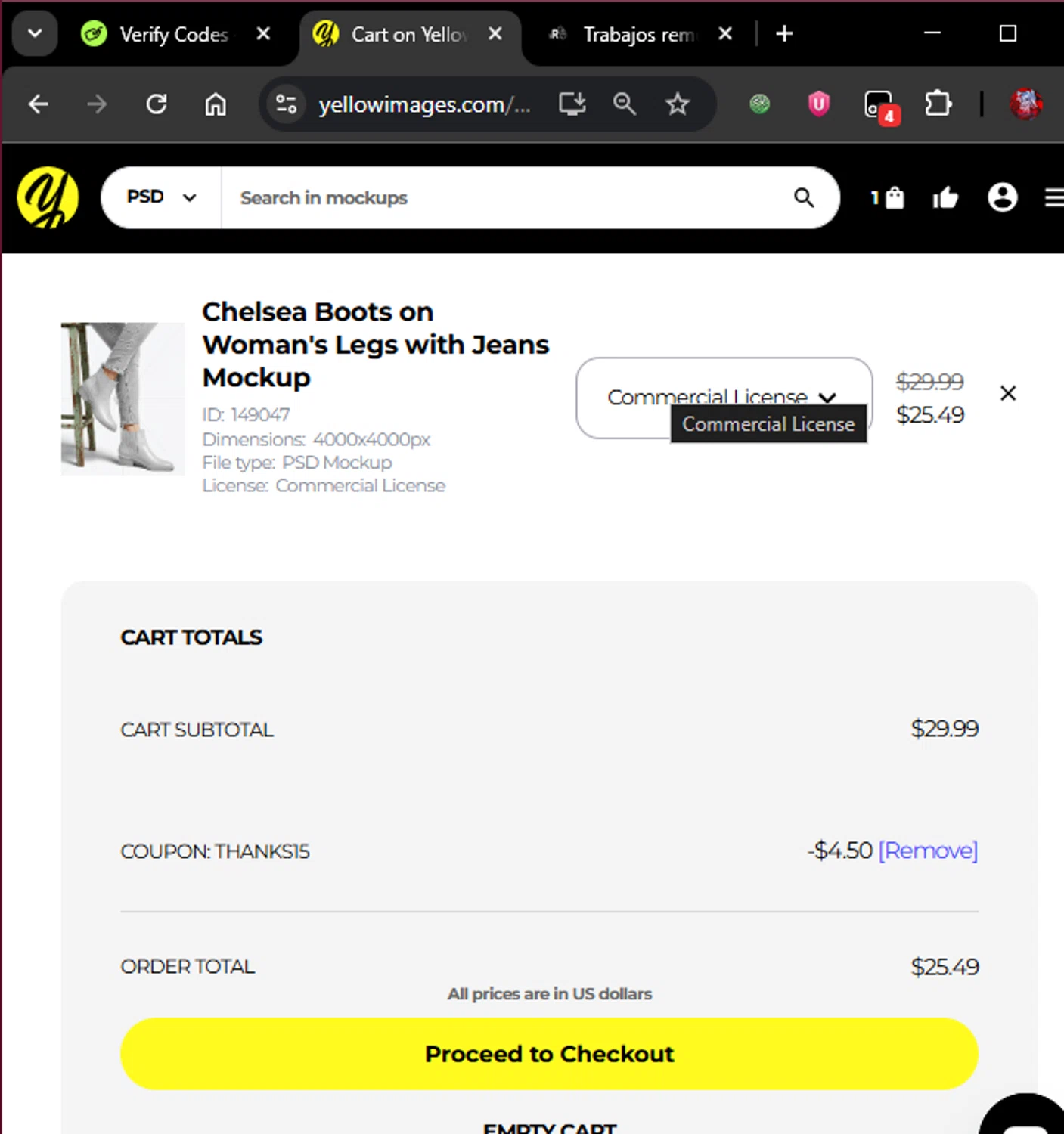 Yellow Images coupon code screenshot showing code thanks15 applied at Yellow Images checkout page. Uploaded by SimplyCodes community member verify_codes on Dec 8, 2025