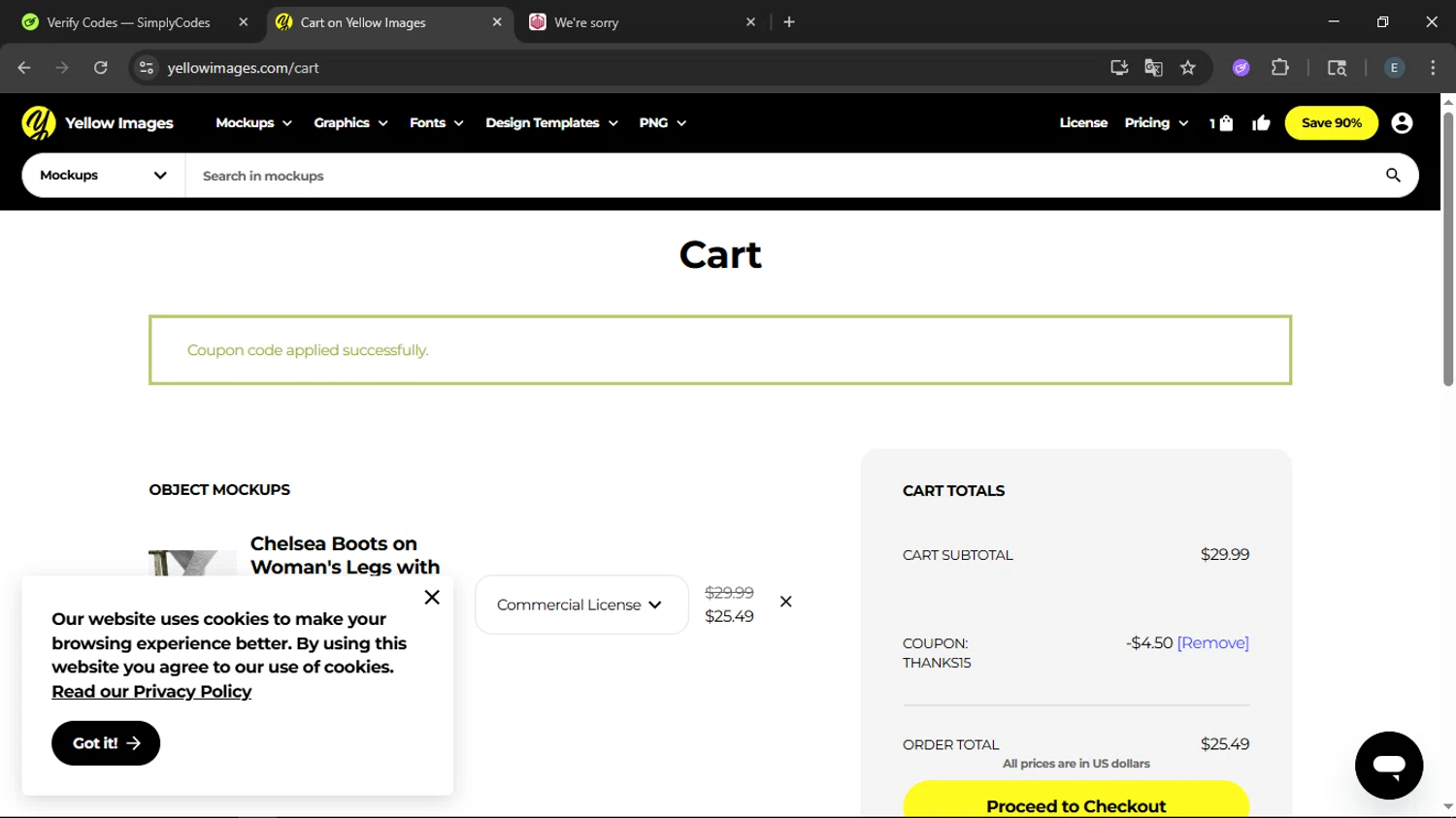 Yellow Images coupon code screenshot showing code thanks15 applied at Yellow Images checkout page. Uploaded by SimplyCodes community member LegendaryFox9861 on Oct 11, 2025