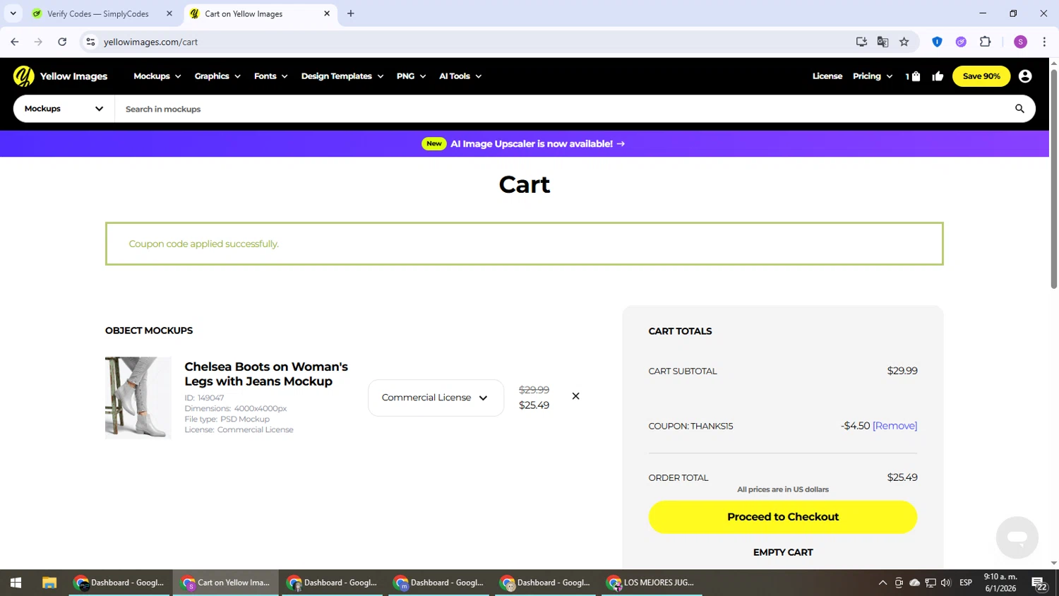 Yellow Images coupon code screenshot showing code thanks15 applied at Yellow Images checkout page. Uploaded by SimplyCodes community member Son_Goku on Jan 6, 2026