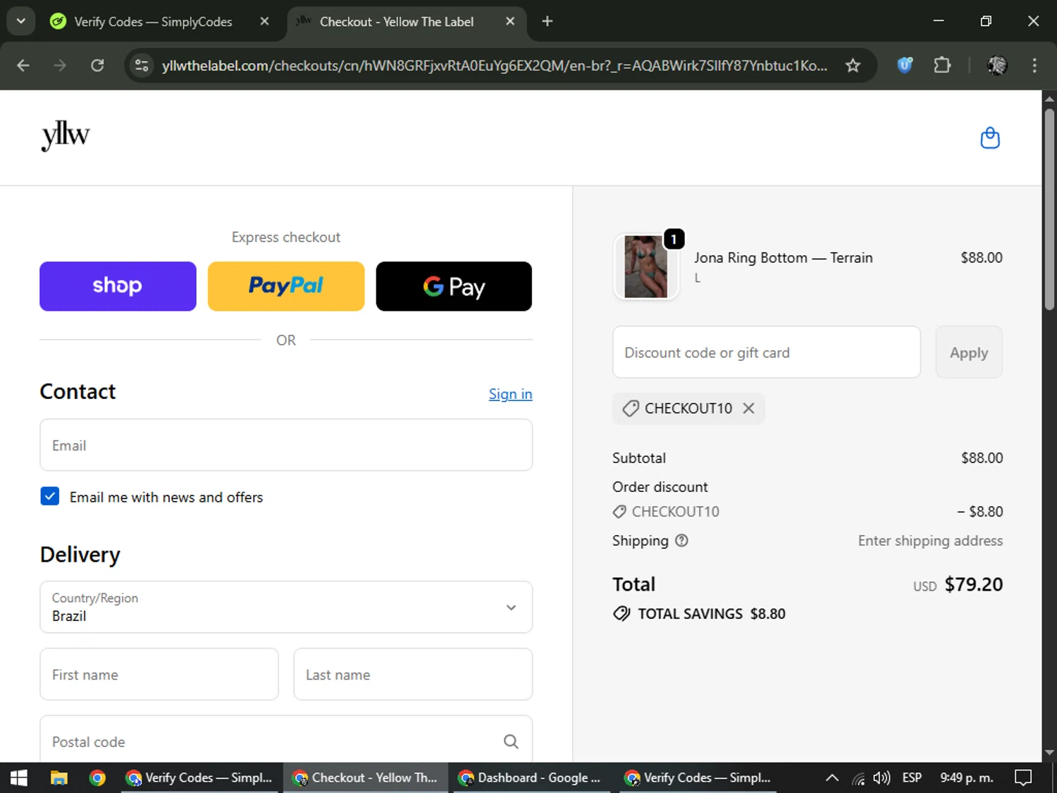 Yellow The Label promo code screenshot showing code CHECKOUT10 applied at Yellow The Label checkout page. Uploaded by SimplyCodes community member PrimeKnight6101 on Feb 1, 2026