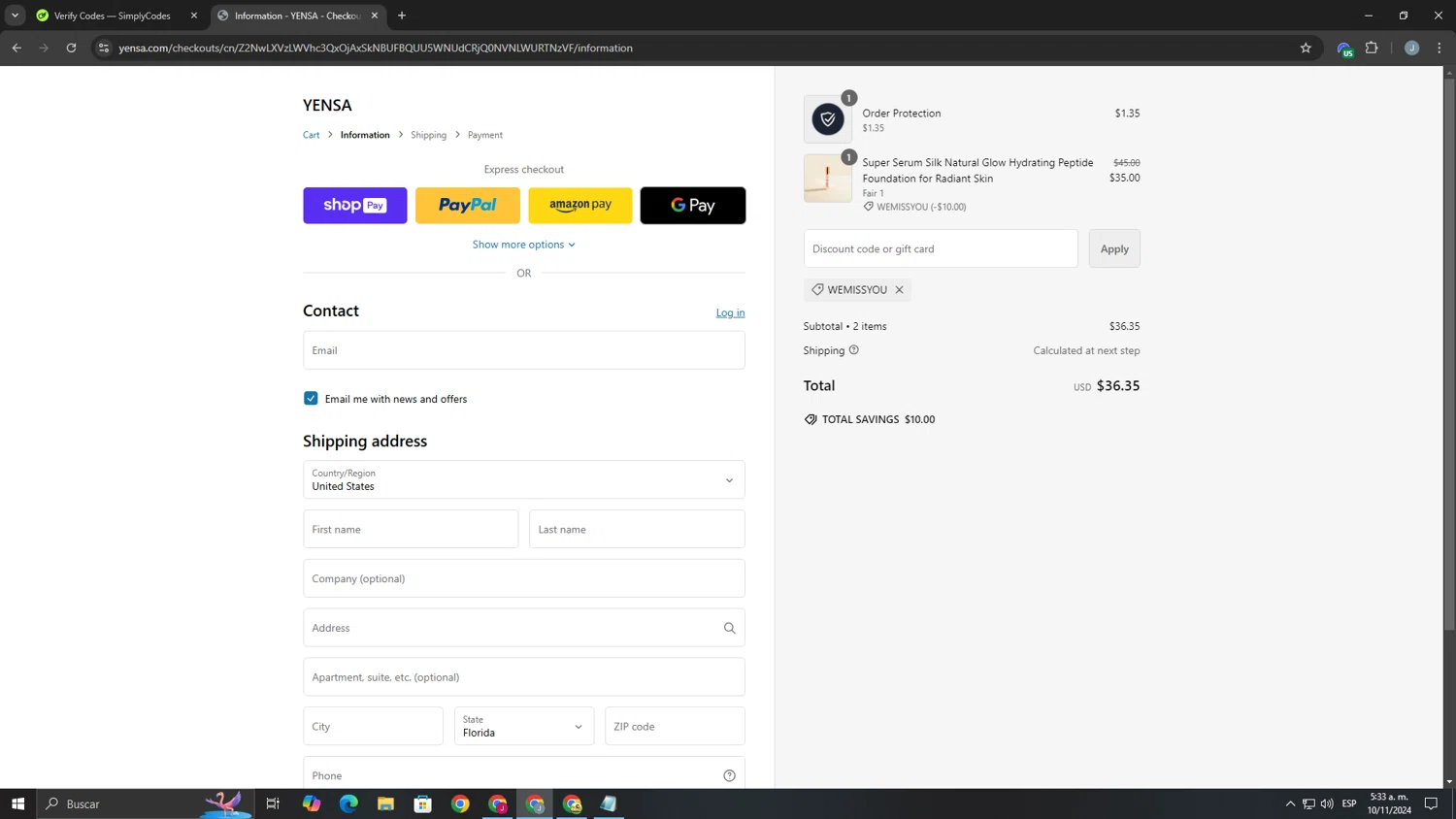 where to use Yensa promo code box