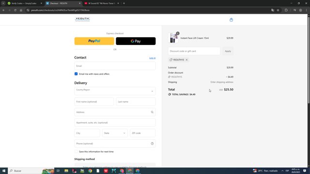 Yeouth checkout page showing Yeouth coupon code box | Screenshot taken by SimplyCodes community member on Aug 26, 2025