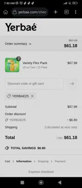 YERBAE25 coupon verification screenshot