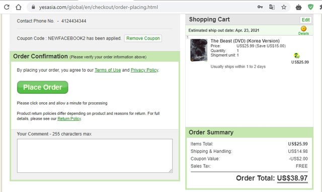 YesAsia checkout page showing YesAsia coupon code box | Screenshot taken by SimplyCodes community member on Apr 21, 2021