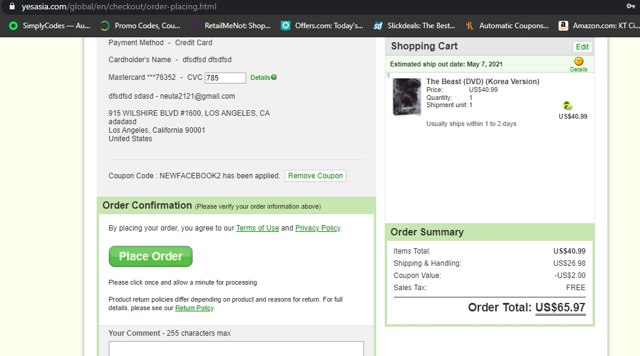 YesAsia checkout page showing YesAsia coupon code box | Screenshot taken by SimplyCodes community member on May 5, 2021