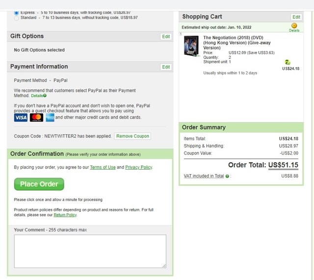 YesAsia checkout page showing YesAsia coupon code box | Screenshot taken by SimplyCodes community member on Jan 8, 2022