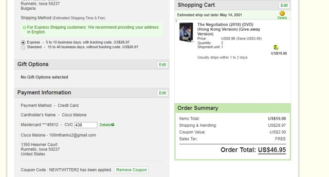 YesAsia checkout page showing YesAsia coupon code box | Screenshot taken by SimplyCodes community member on May 12, 2021