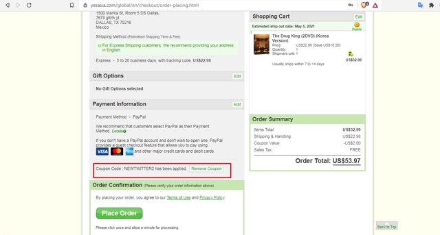 YesAsia checkout page showing YesAsia coupon code box | Screenshot taken by SimplyCodes community member on Apr 20, 2021