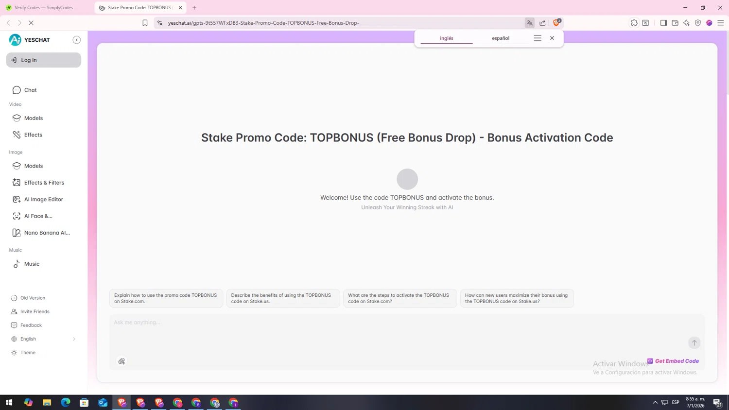 YesChat AI promo code screenshot showing code TOPBONUS applied at YesChat AI checkout page. Uploaded by SimplyCodes community member CodeLynx5272 on Jan 7, 2026