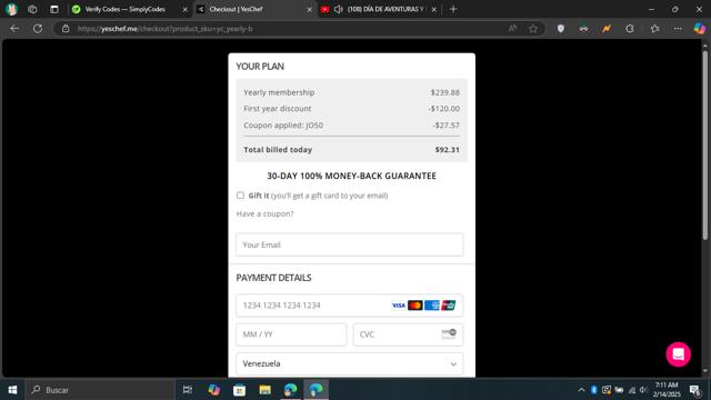YesChef checkout page showing YesChef promo code box | Screenshot taken by SimplyCodes community member on Feb 14, 2025