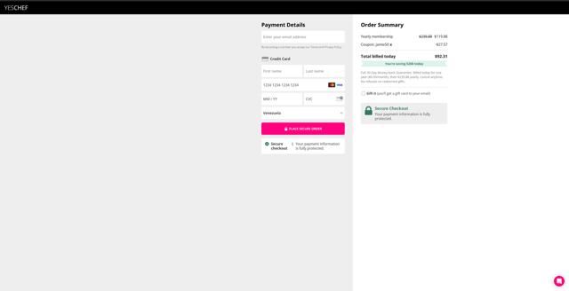 YesChef checkout page showing YesChef promo code box | Screenshot taken by SimplyCodes community member on Mar 22, 2025