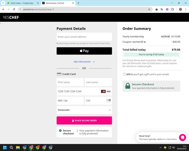 YesChef checkout page showing YesChef promo code box | Screenshot taken by SimplyCodes community member on Apr 4, 2025