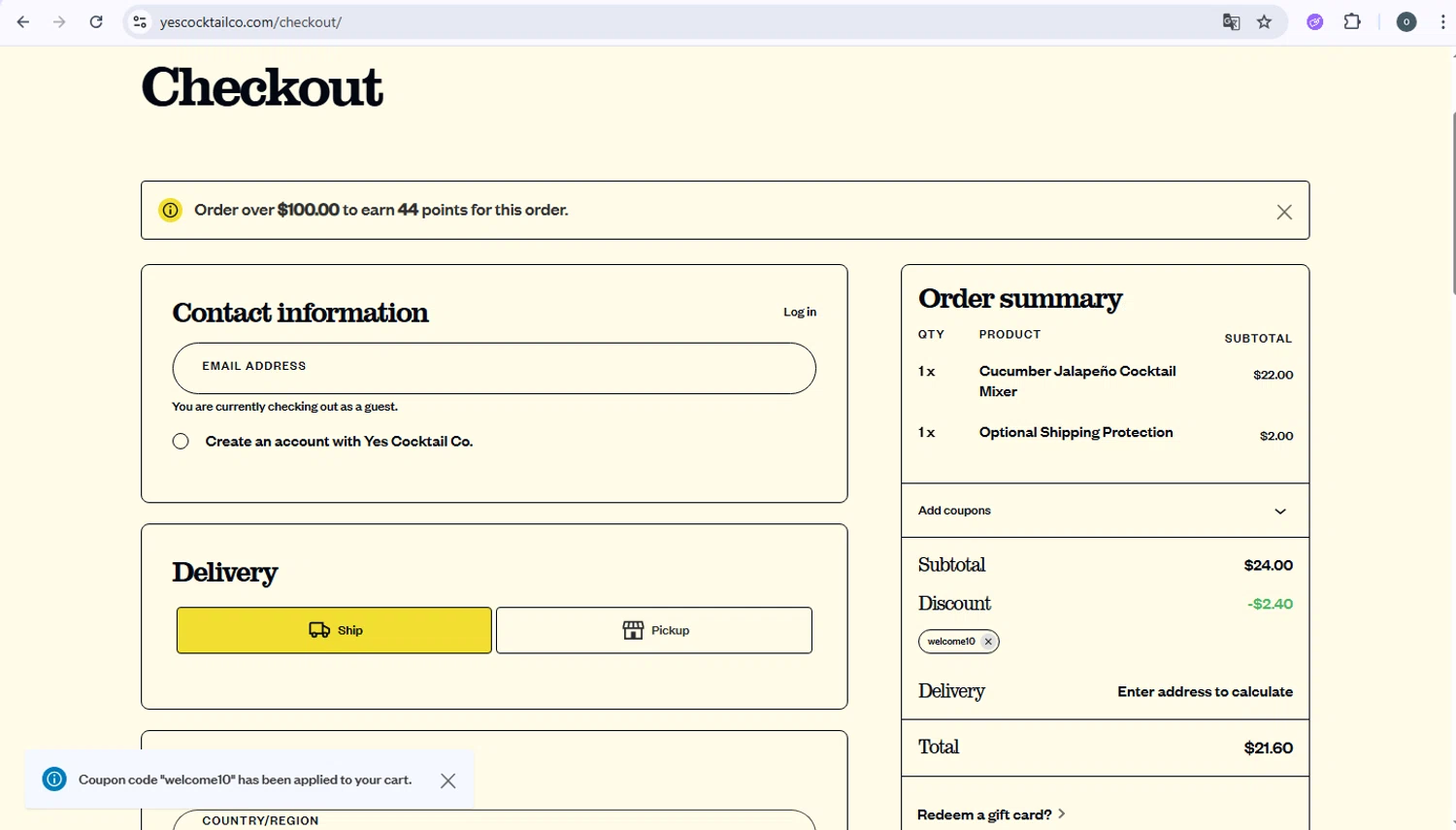 Yes Cocktail Co. promo code screenshot showing code welcome10 applied at Yes Cocktail Co. checkout page. Uploaded by SimplyCodes community member Danmiel007 on Dec 13, 2025