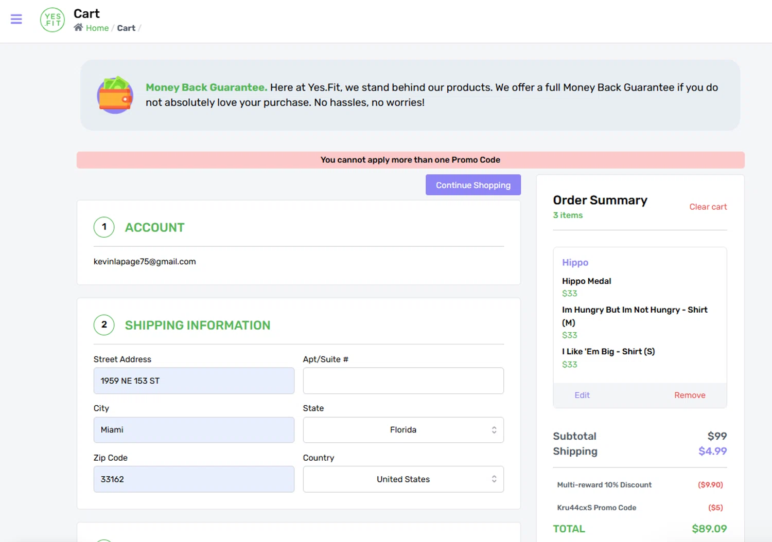 Yes.Fit promo code screenshot showing code Kru44cxS applied at Yes.Fit checkout page. Uploaded by SimplyCodes community member CashTracker4266 on Feb 11, 2025