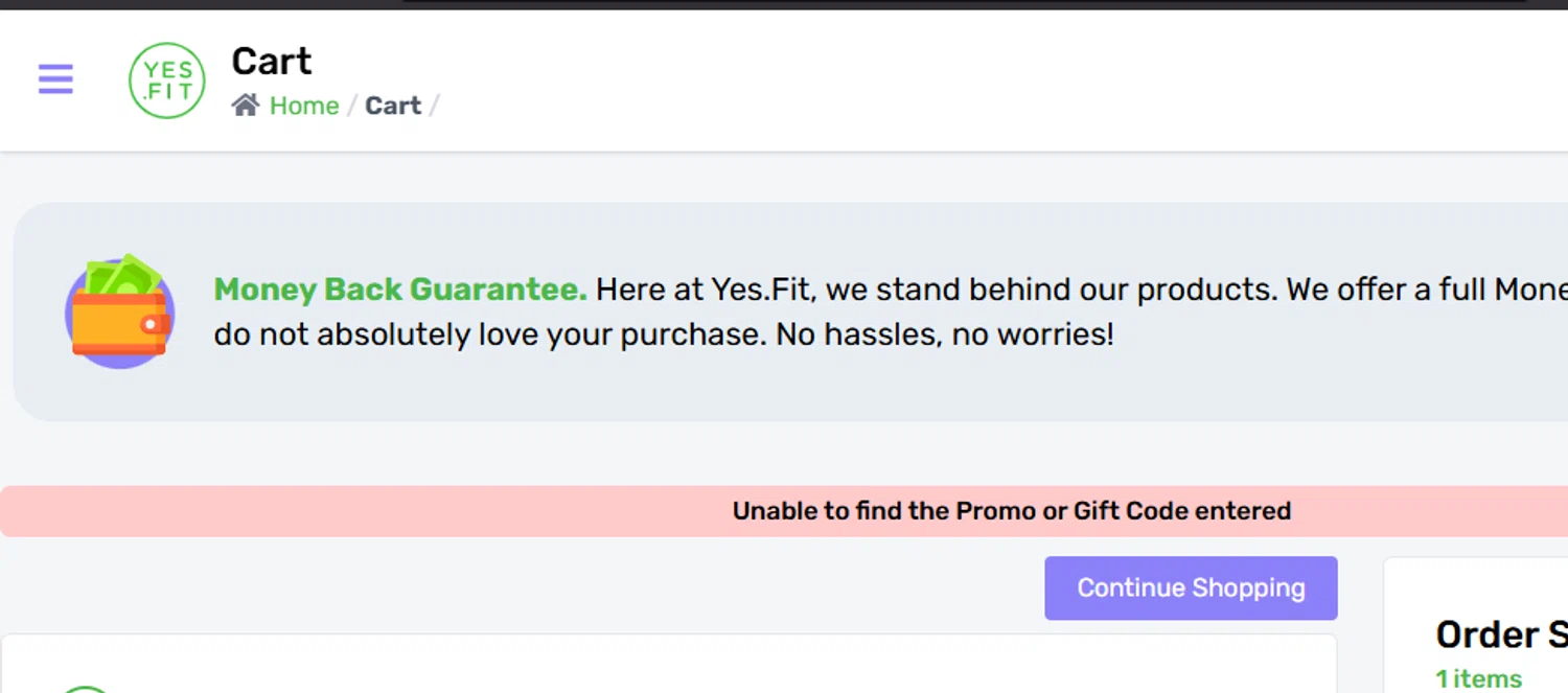 Yes.Fit promo code screenshot showing code Kru44cxS applied at Yes.Fit checkout page. Uploaded by SimplyCodes community member leiraM on Feb 11, 2025
