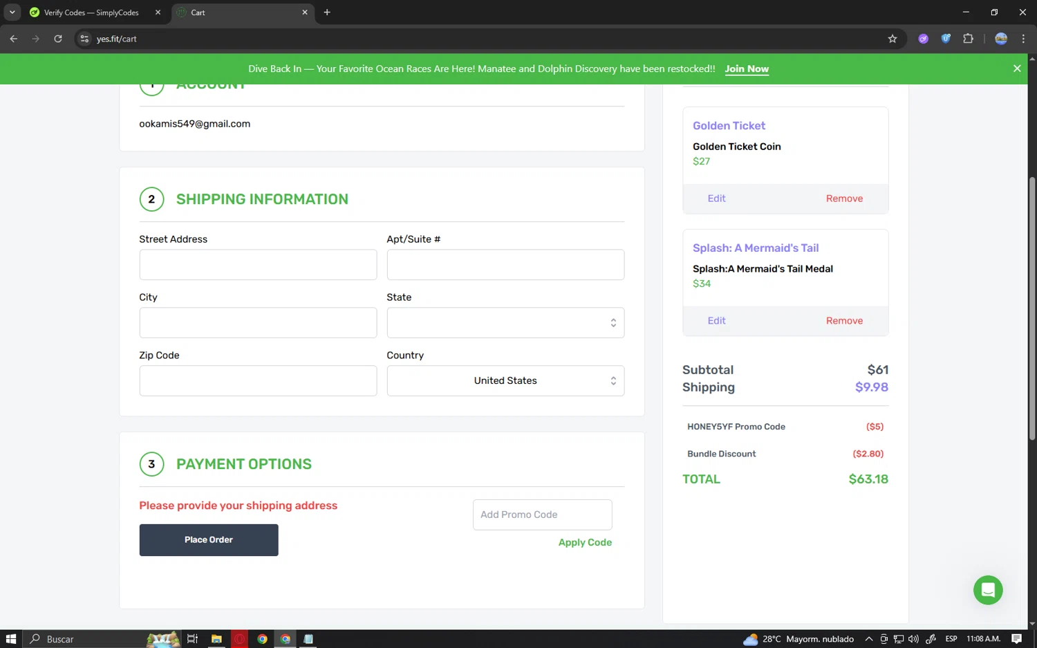 Yes.Fit promo code screenshot showing code HONEY5YF applied at Yes.Fit checkout page. Uploaded by SimplyCodes community member Locura on Aug 9, 2025