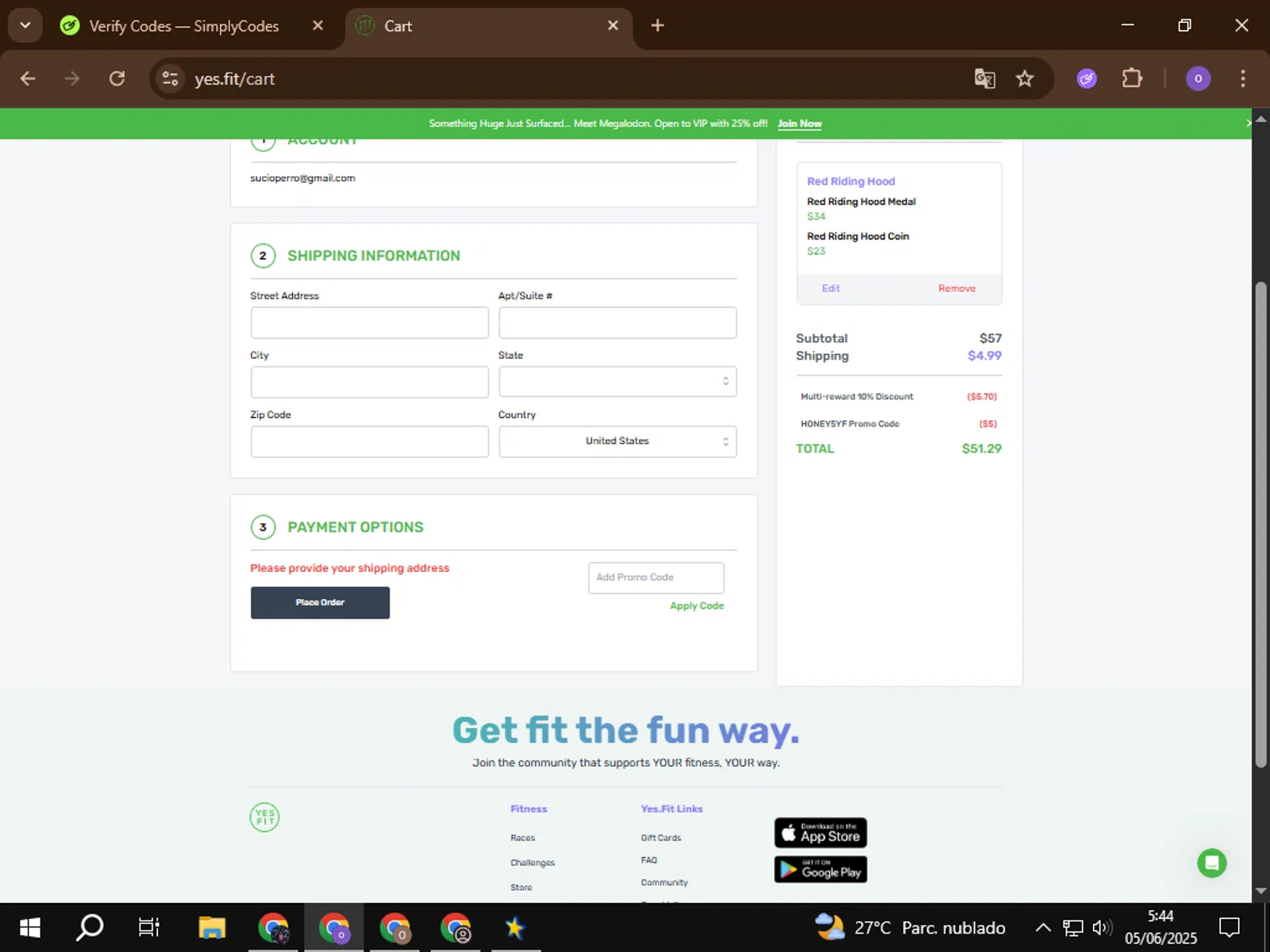 Yes.Fit promo code screenshot showing code HONEY5YF applied at Yes.Fit checkout page. Uploaded by SimplyCodes community member omare29 on Jun 5, 2025