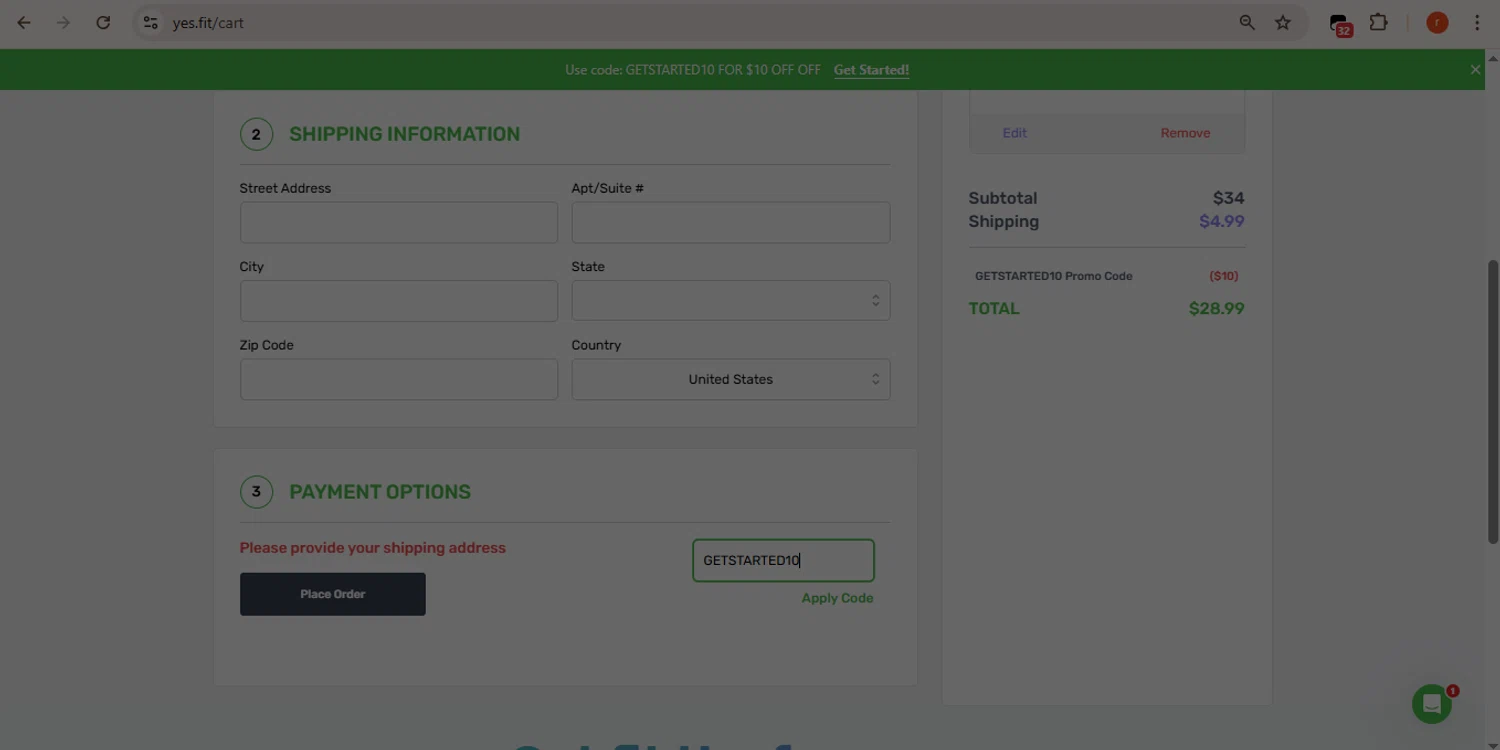 Yes.Fit promo code screenshot showing code GETSTARTED10 applied at Yes.Fit checkout page. Uploaded by SimplyCodes community member CashMaverick1144 on Jul 15, 2025