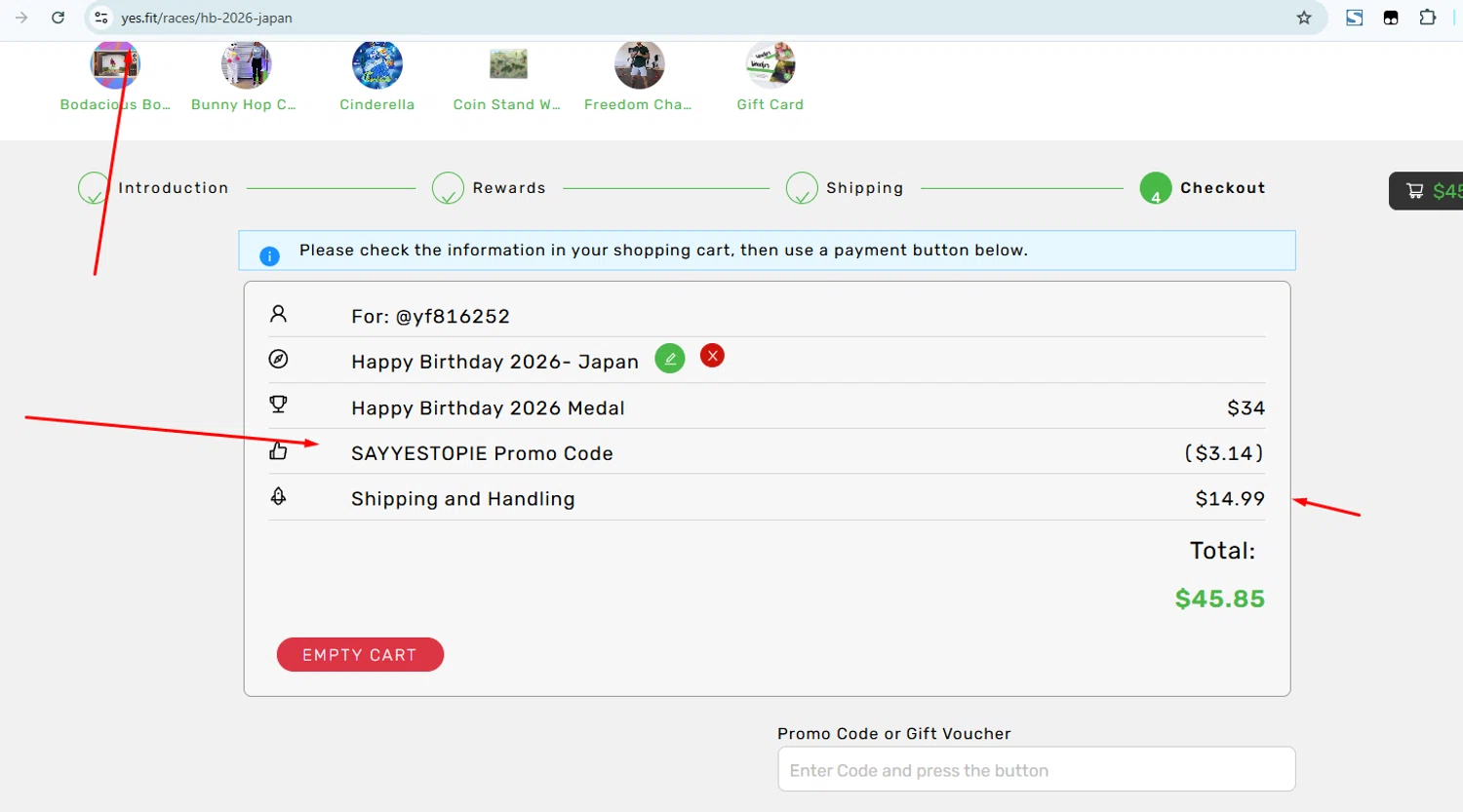 Yes.Fit promo code screenshot showing code SAYYESTOPIE applied at Yes.Fit checkout page. Uploaded by SimplyCodes community member Lismar on Dec 29, 2025