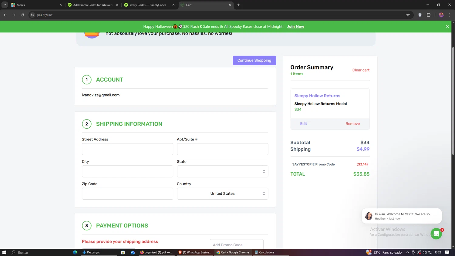 Yes.Fit promo code screenshot showing code SAYYESTOPIE applied at Yes.Fit checkout page. Uploaded by SimplyCodes community member RebateHawk1800 on Oct 31, 2025