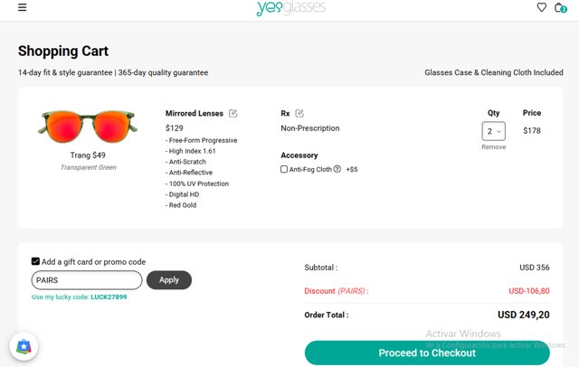 Yesglasses checkout page showing Yesglasses promo code box | Screenshot taken by SimplyCodes community member on Aug 31, 2025