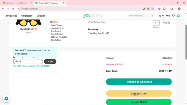 Yesglasses checkout page showing Yesglasses promo code box | Screenshot taken by SimplyCodes community member on Aug 20, 2025