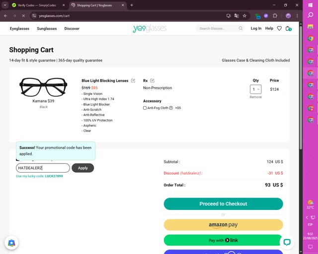 Yesglasses checkout page showing Yesglasses promo code box | Screenshot taken by SimplyCodes community member on Aug 22, 2025