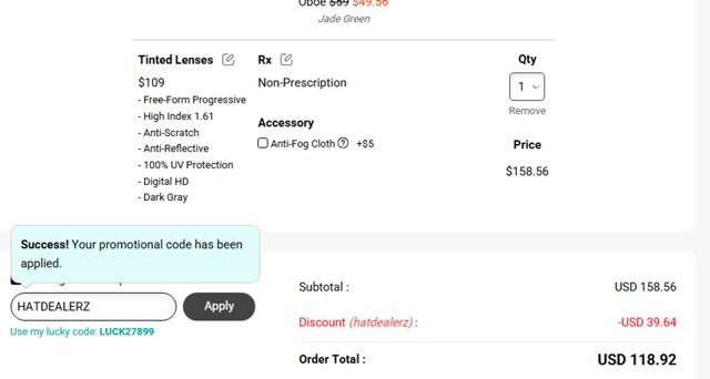 Yesglasses checkout page showing Yesglasses promo code box | Screenshot taken by SimplyCodes community member on Jul 24, 2025