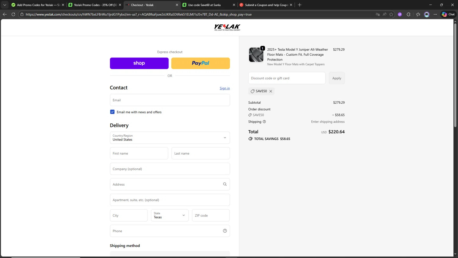 Yeslak discount code screenshot showing code SAVE50 applied at Yeslak checkout page. Uploaded by SimplyCodes community member CorrectorDeCupones on Jan 14, 2026