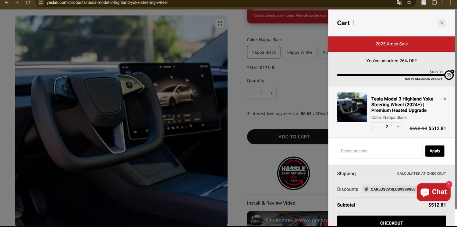 Yeslak discount code screenshot showing code carloscarlos9899050 applied at Yeslak checkout page. Uploaded by SimplyCodes community member Mongomery on Dec 26, 2025