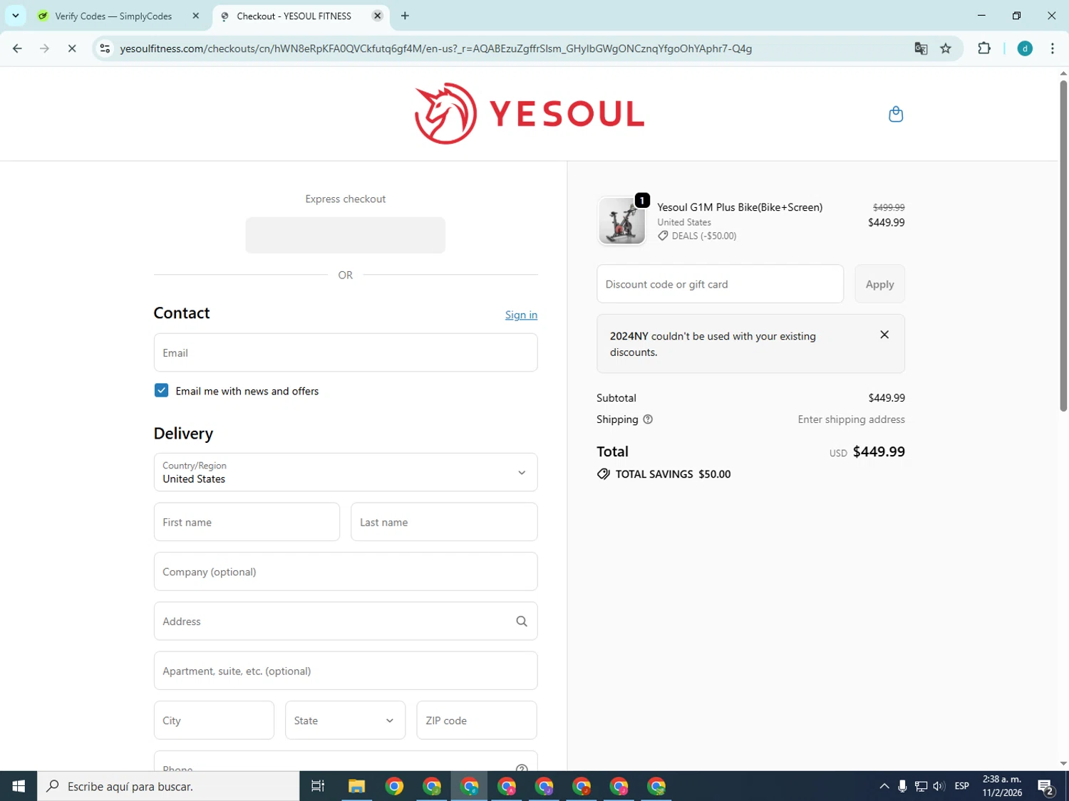 YESOUL checkout page showing YESOUL coupon code box | Screenshot taken by SimplyCodes community member on Feb 11, 2026