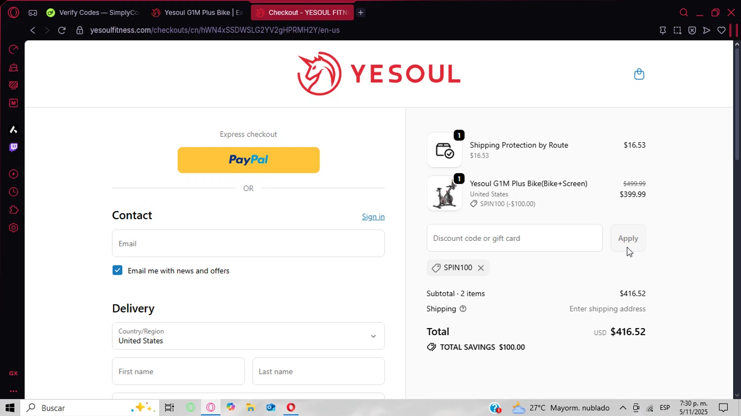 YESOUL coupon code screenshot showing code SPIN100 applied at YESOUL checkout page. Uploaded by SimplyCodes community member CoinPhoenix3025 on Nov 5, 2025