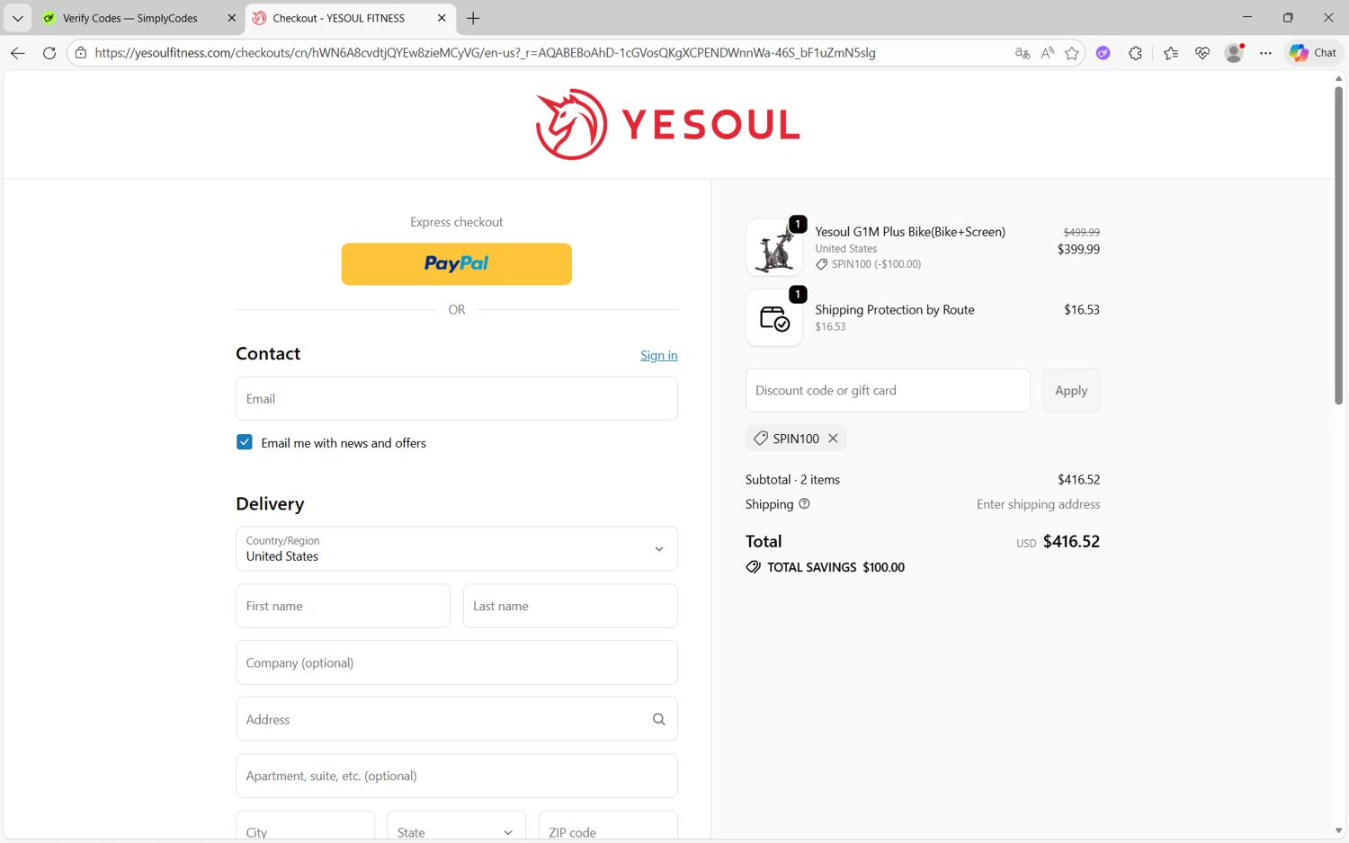 YESOUL coupon code screenshot showing code SPIN100 applied at YESOUL checkout page. Uploaded by SimplyCodes community member juanx1702 on Dec 7, 2025