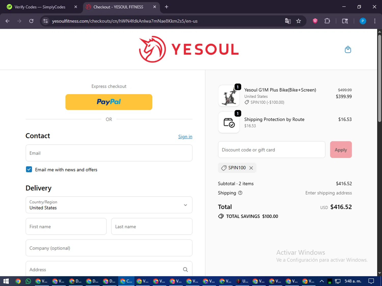 YESOUL coupon code screenshot showing code SPIN100 applied at YESOUL checkout page. Uploaded by SimplyCodes community member juiceWRLD on Oct 29, 2025