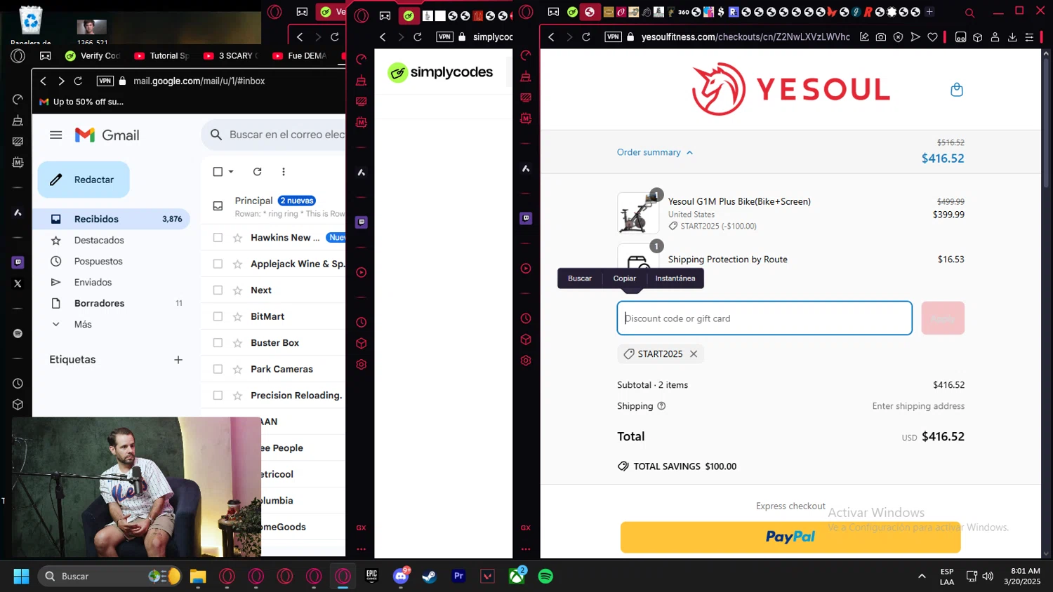 YESOUL coupon code screenshot showing code start2025 applied at YESOUL checkout page. Uploaded by SimplyCodes community member Handivlak on Mar 20, 2025