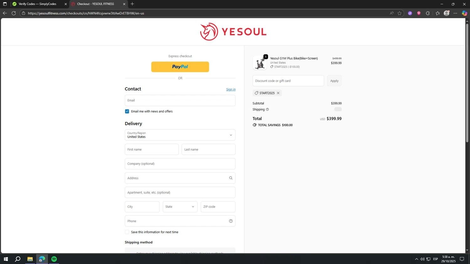 YESOUL coupon code screenshot showing code start2025 applied at YESOUL checkout page. Uploaded by SimplyCodes community member fjkdjkldsf on Oct 29, 2025
