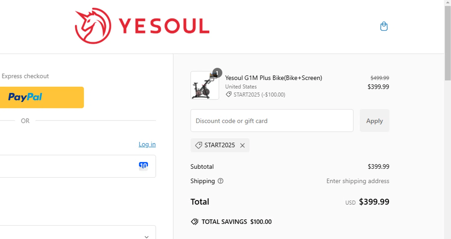 YESOUL coupon code screenshot showing code start2025 applied at YESOUL checkout page. Uploaded by SimplyCodes community member luisaballera on Jan 25, 2025