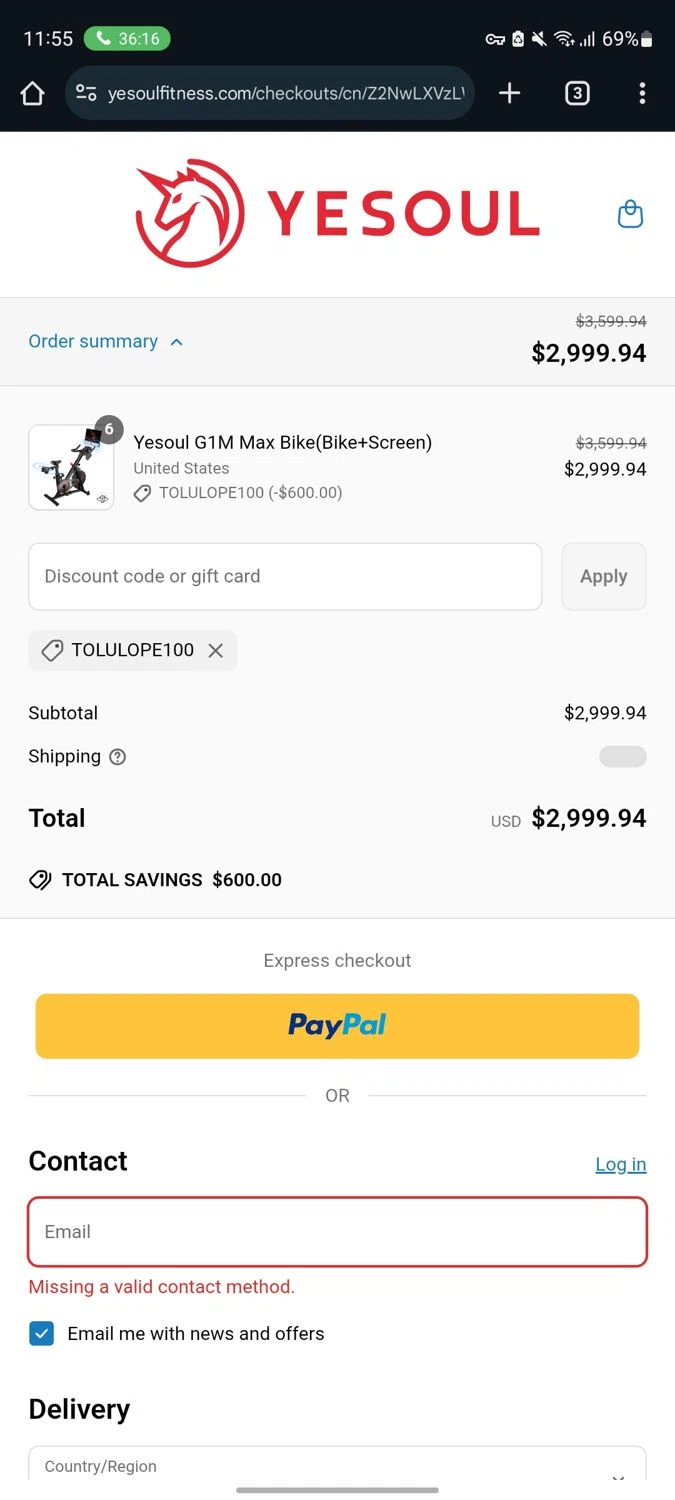 YESOUL coupon code screenshot showing code Tolulope100 applied at YESOUL checkout page. Uploaded by SimplyCodes community member neurioandrades on Jun 3, 2025
