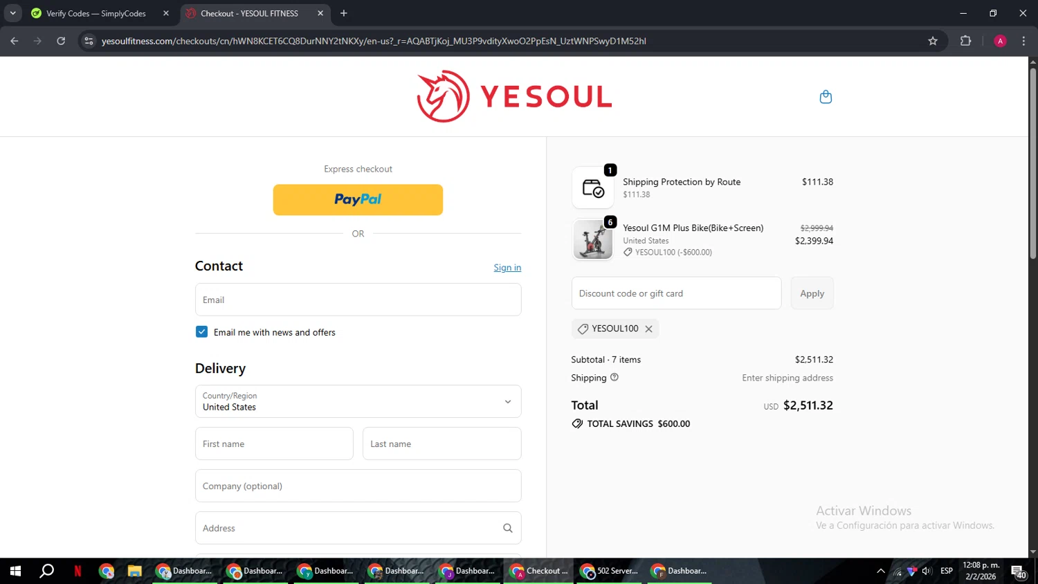 YESOUL coupon code screenshot showing code YESOUL100 applied at YESOUL checkout page. Uploaded by SimplyCodes community member BMWGS1200 on Feb 2, 2026
