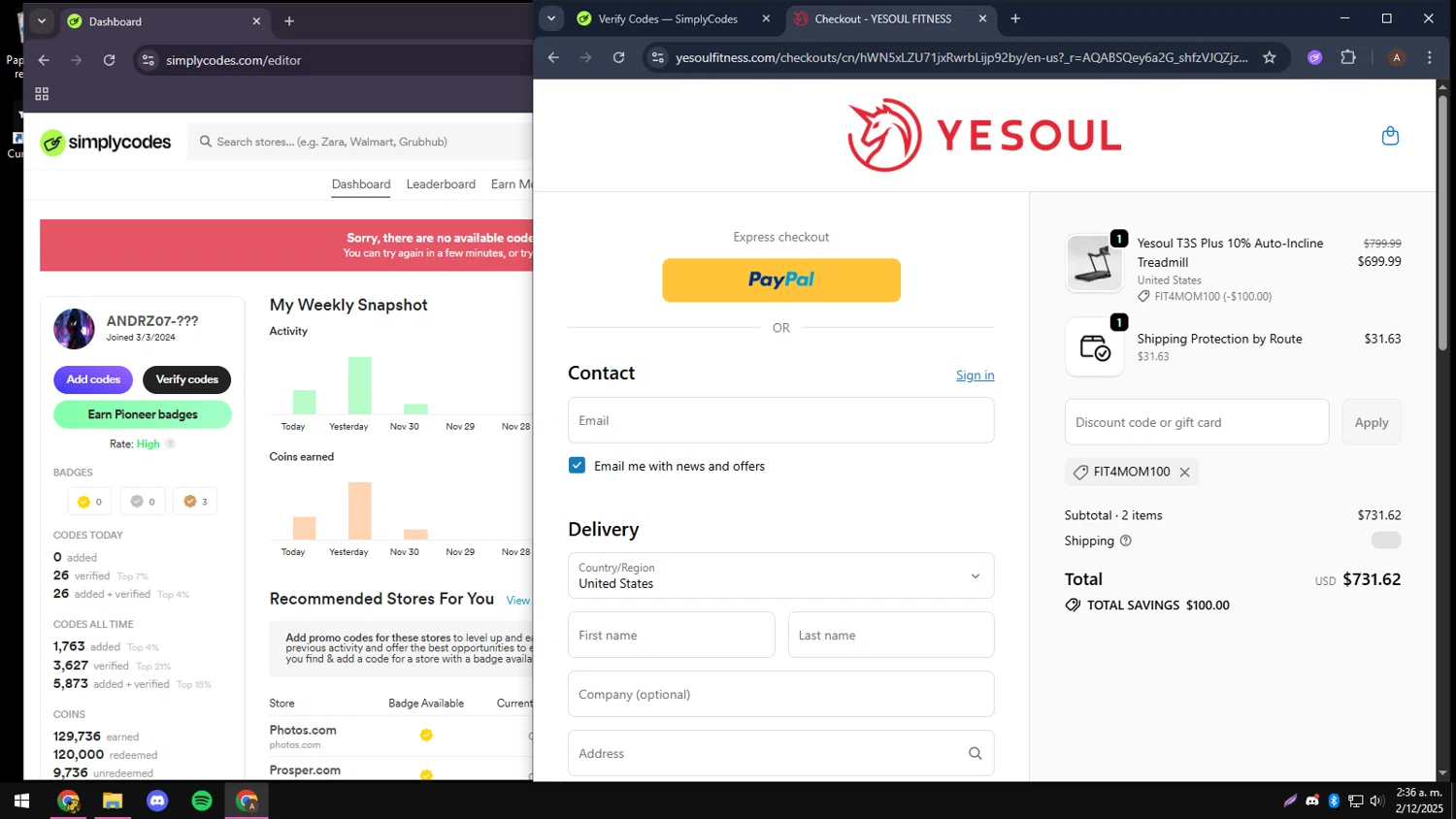 YESOUL coupon code screenshot showing code FIT4MOM100 applied at YESOUL checkout page. Uploaded by SimplyCodes community member andressssssa on Dec 2, 2025