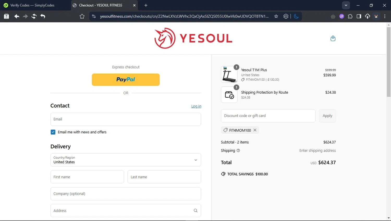 YESOUL coupon code screenshot showing code FIT4MOM100 applied at YESOUL checkout page. Uploaded by SimplyCodes community member BrilliantTitan6909 on May 20, 2025